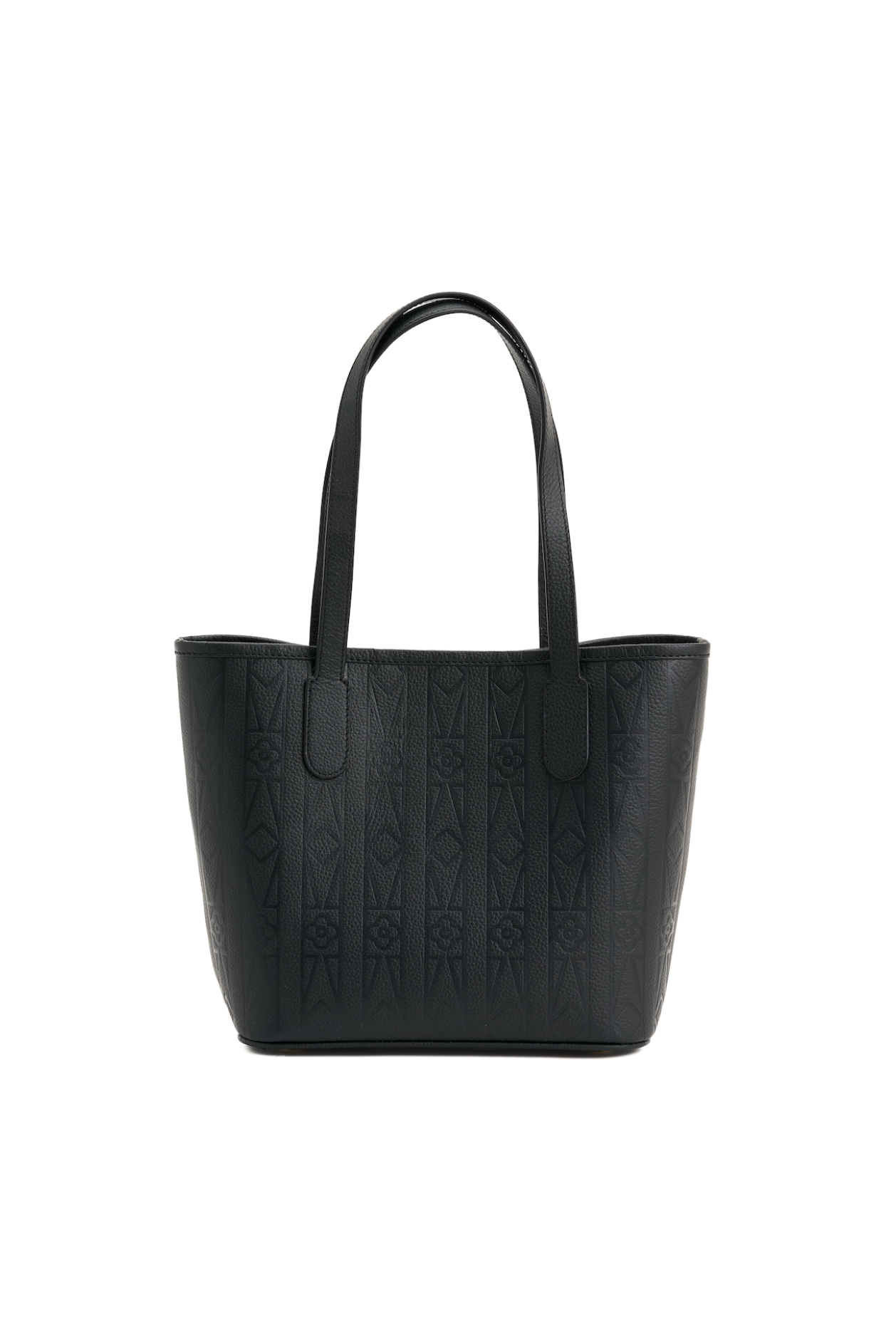 Black leather tote bag with embossed logo on a white background