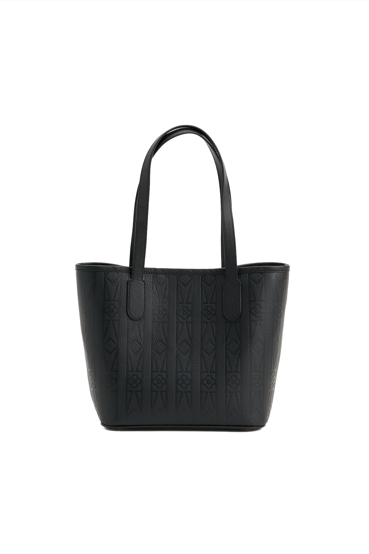 Black leather tote bag with embossed design on a white background