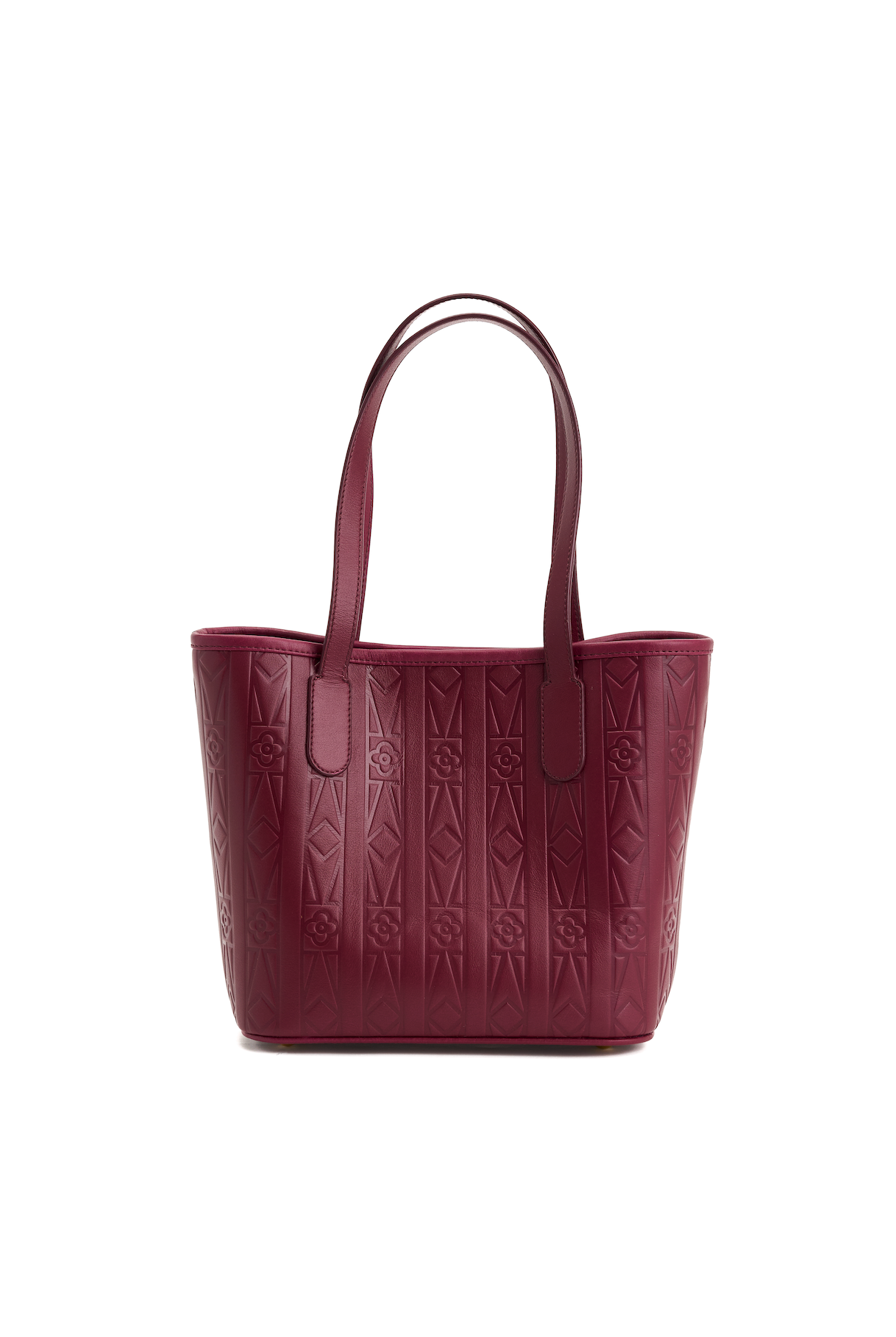 Maroon handbag with embossed design on a white background