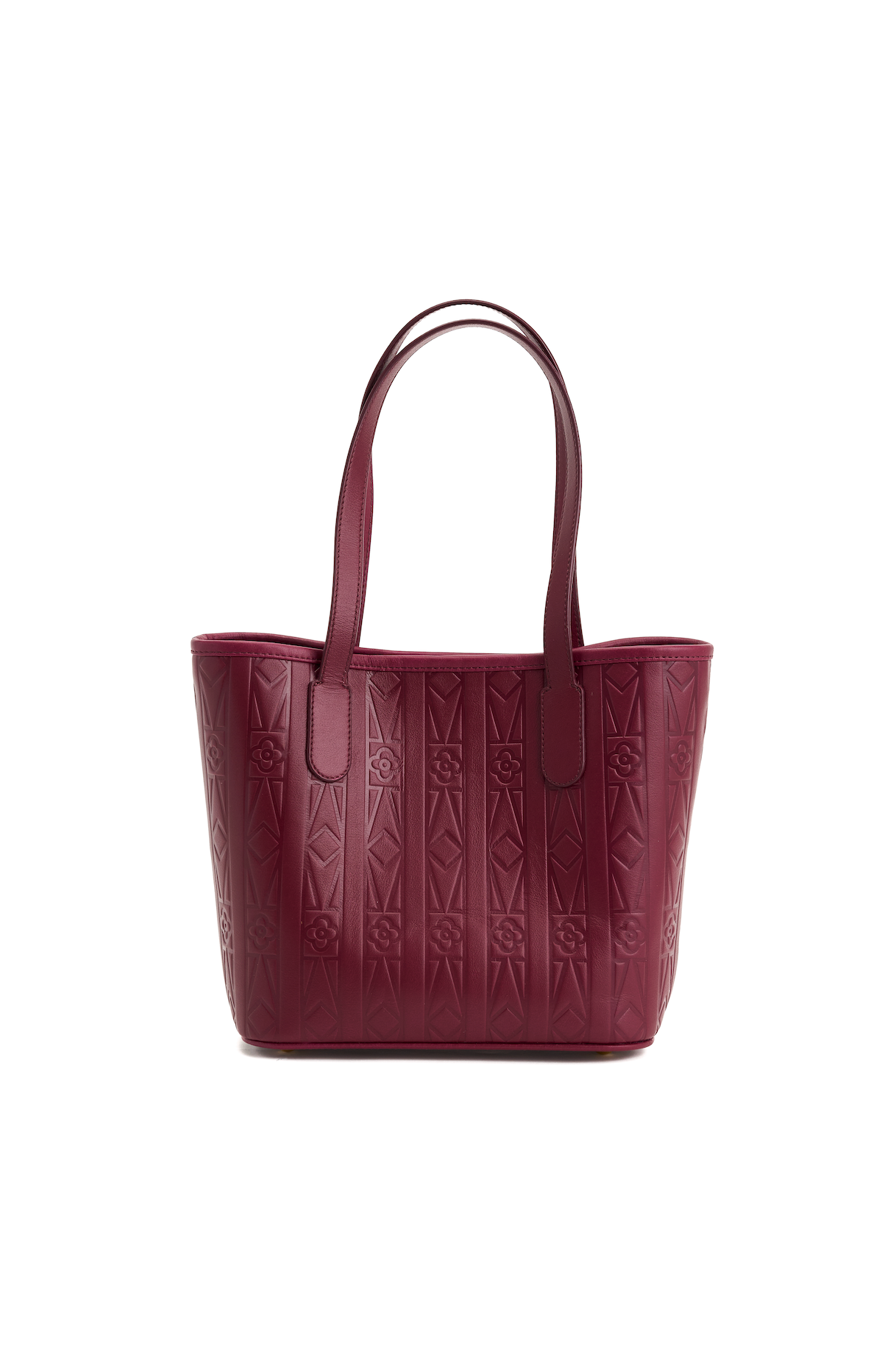 Maroon handbag with embossed design on a white background