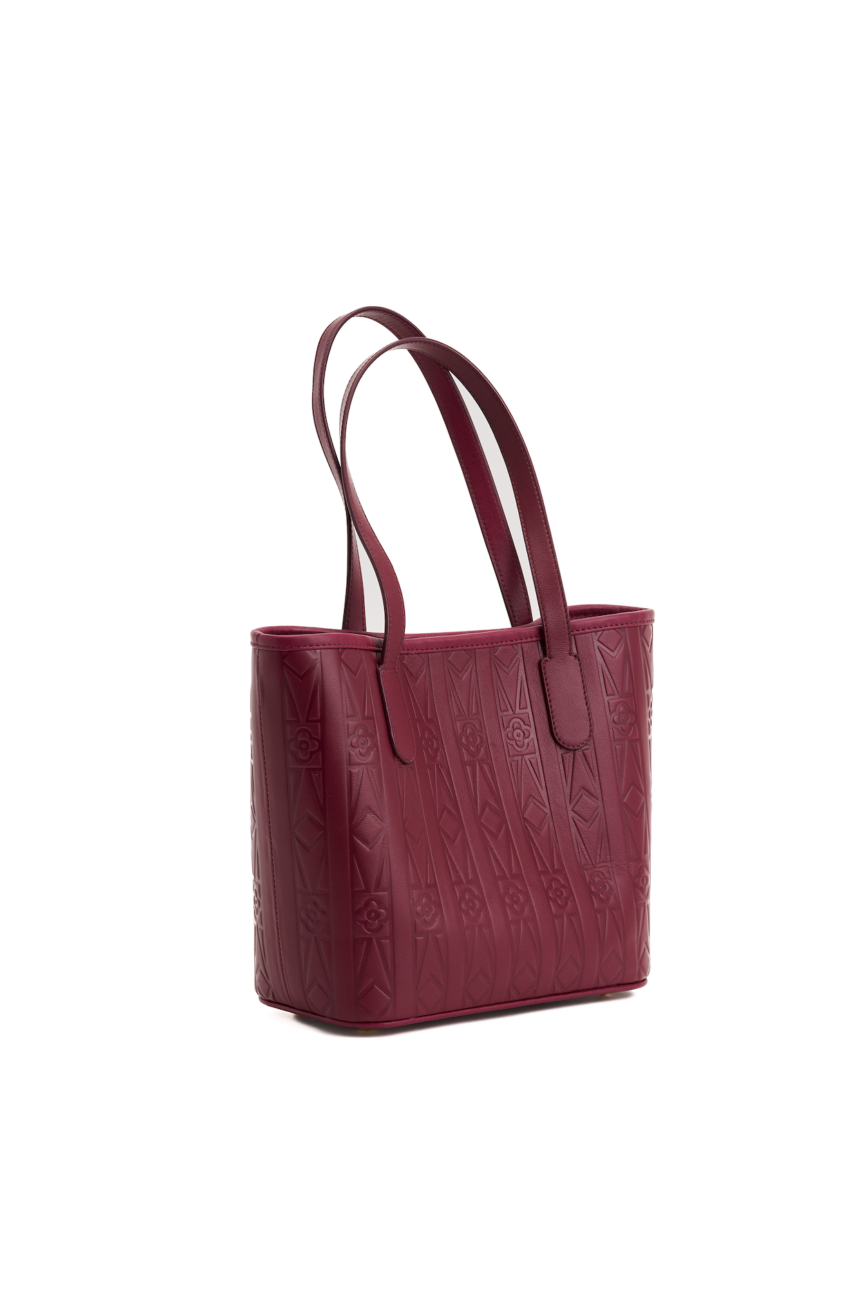 Maroon handbag with a textured pattern on a white background