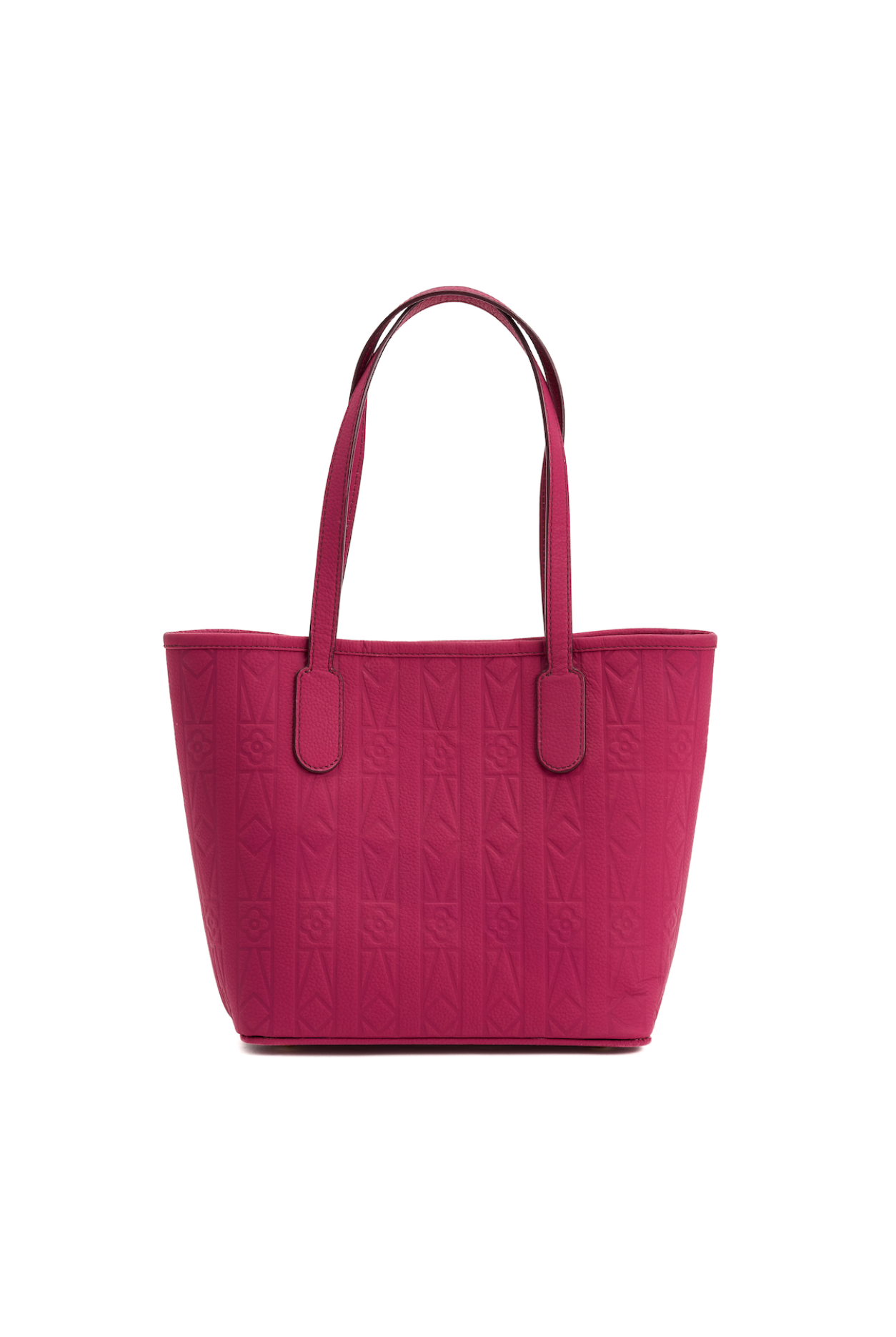 Red handbag with textured surface on a white background