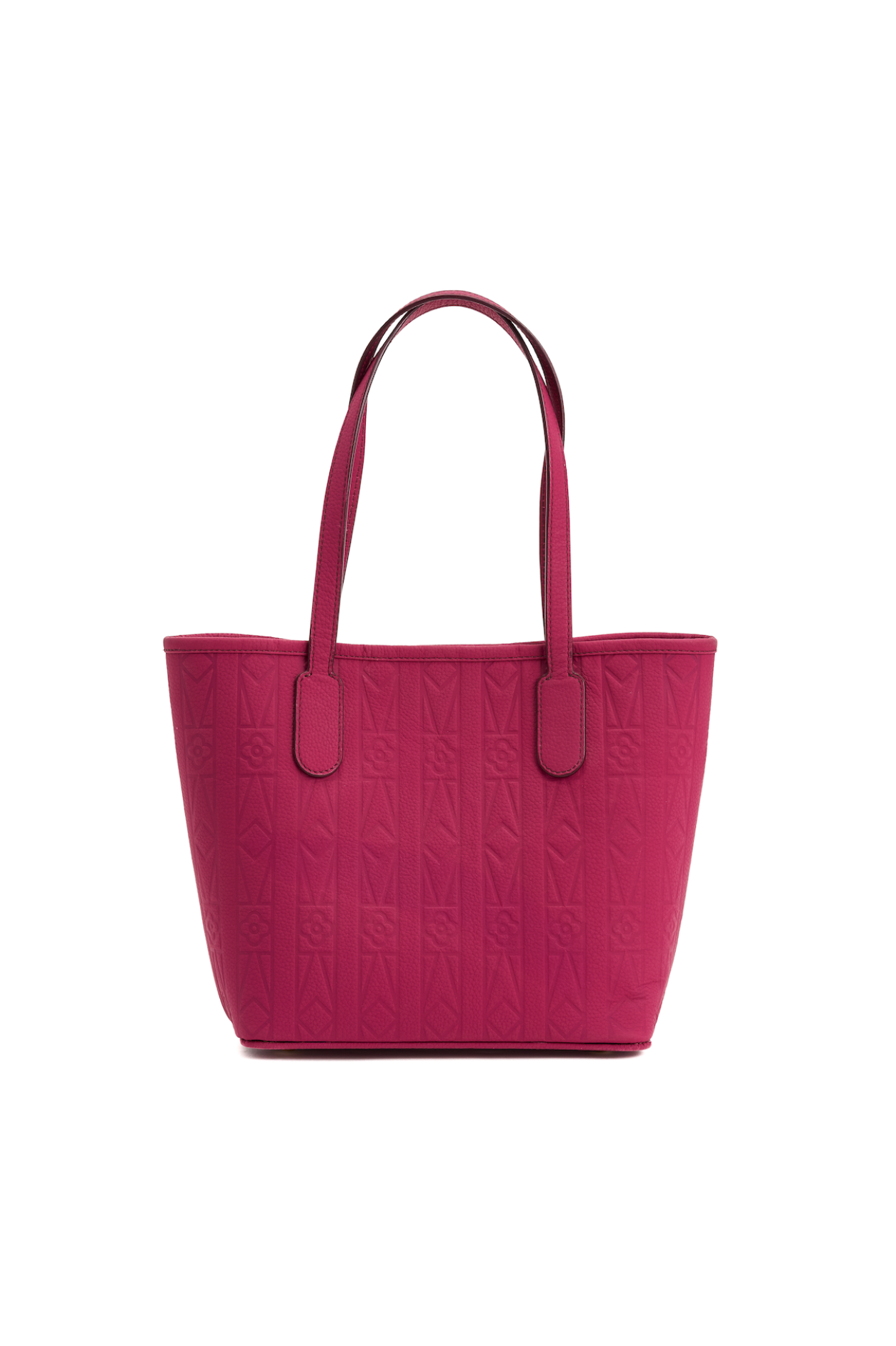 Red handbag with textured surface on a white background