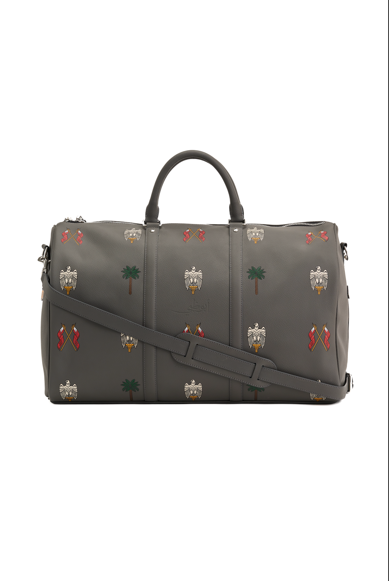 Gray duffel bag with decorative patterns on a white background