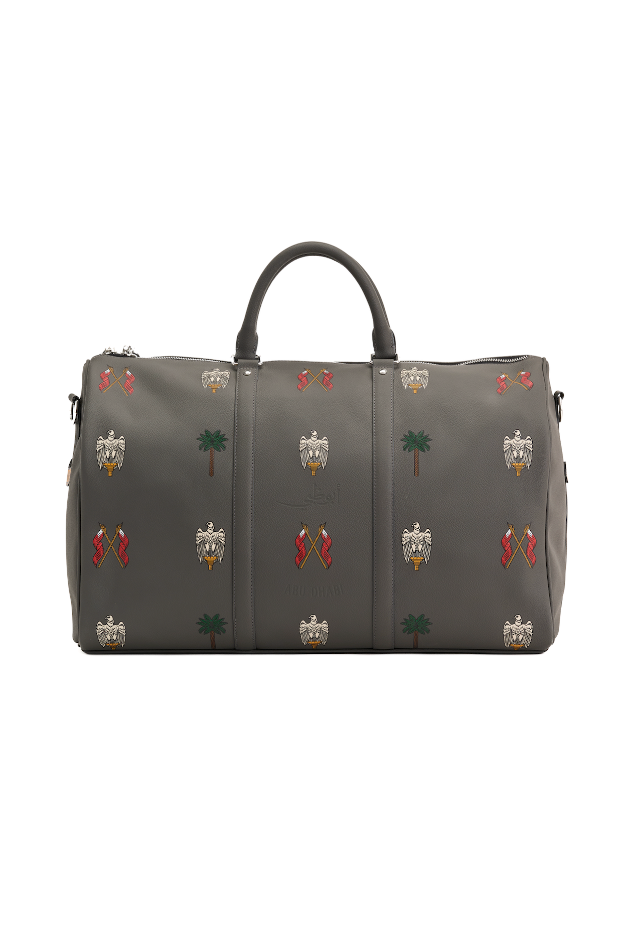 Gray duffel bag with decorative patterns on a white background