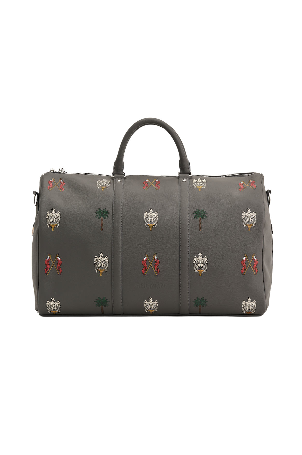Gray duffel bag with decorative patterns on a white background
