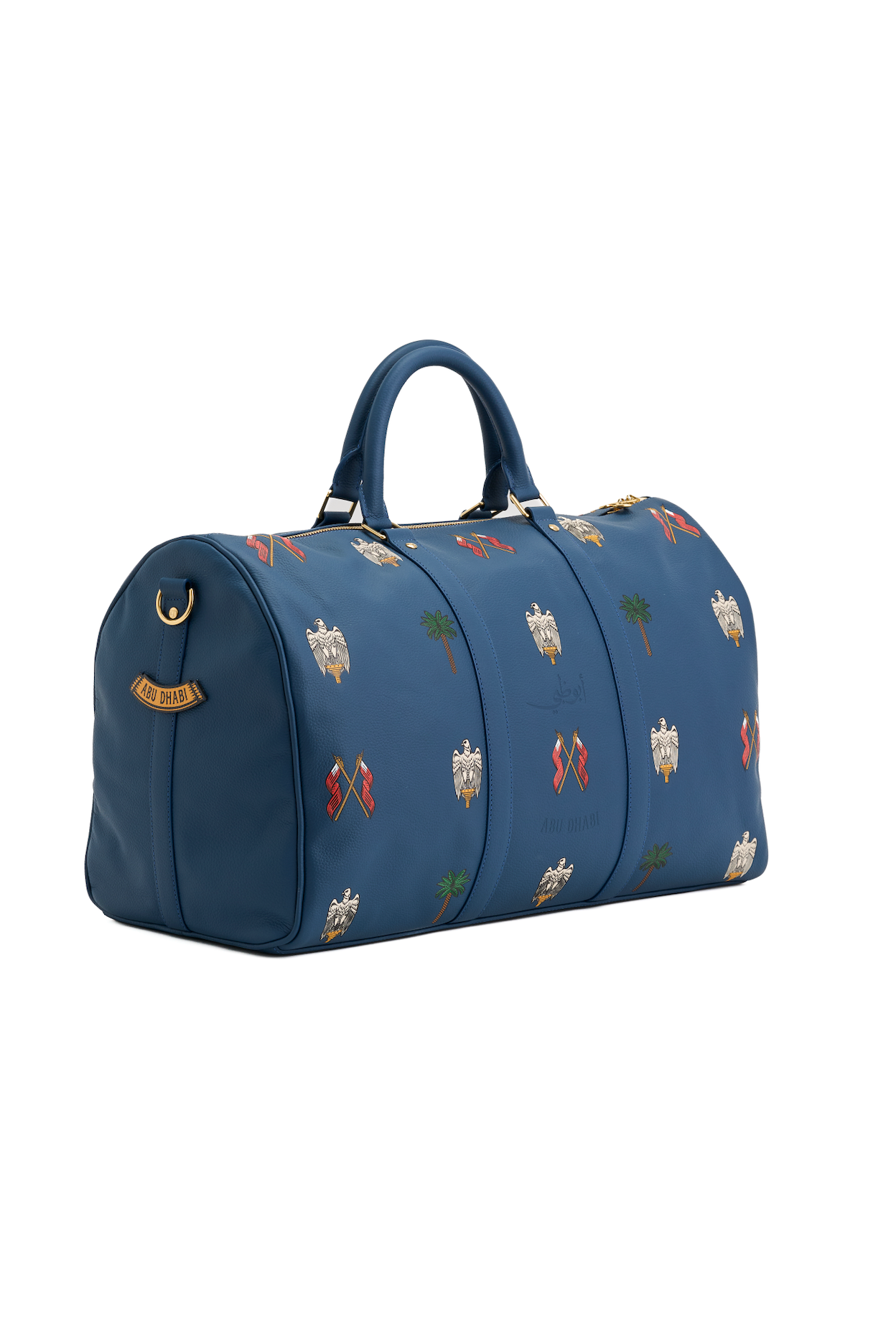 Blue duffel bag with embroidered patterns on a white background