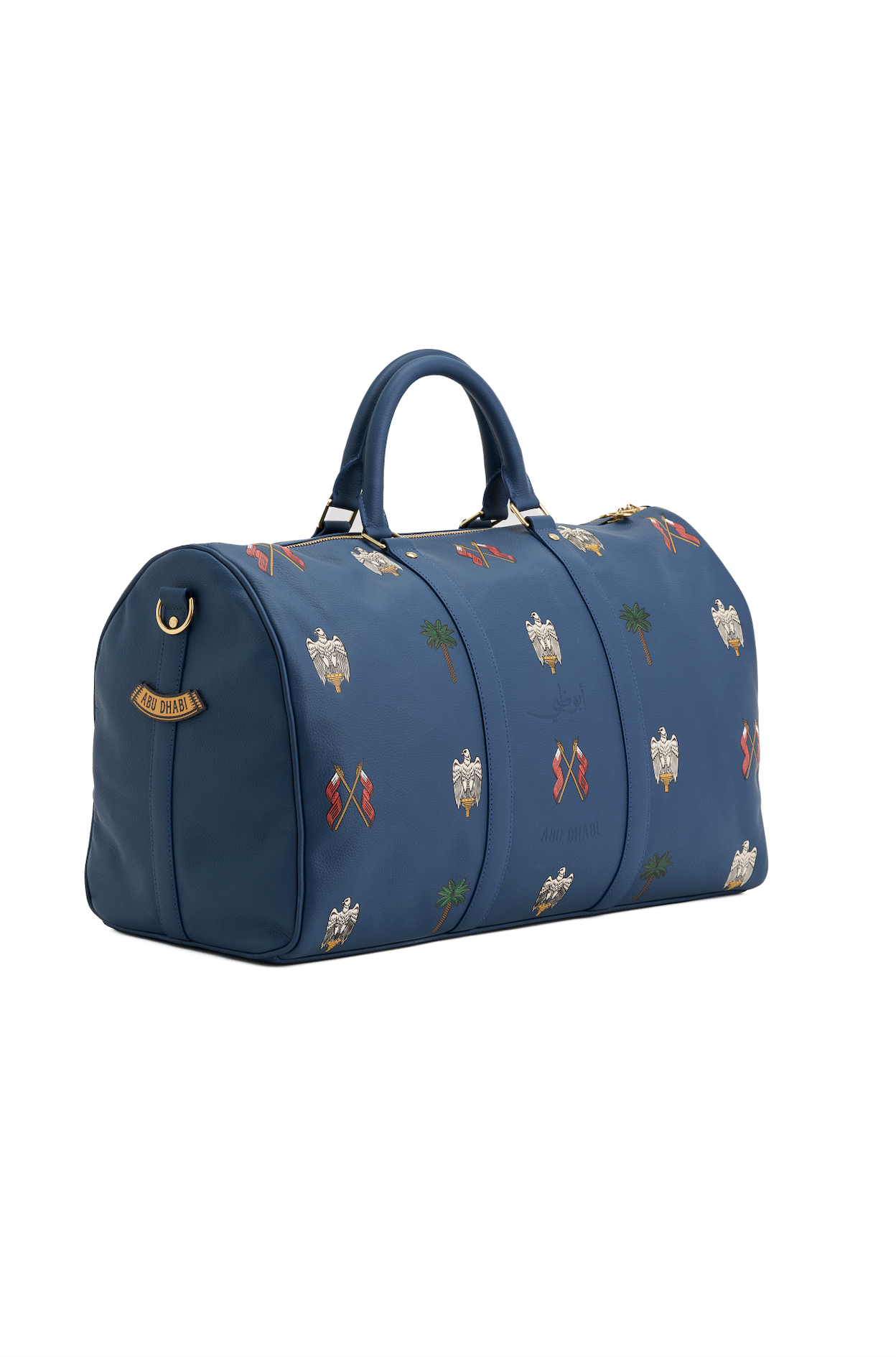 Blue duffel bag with embroidered patterns on a white background