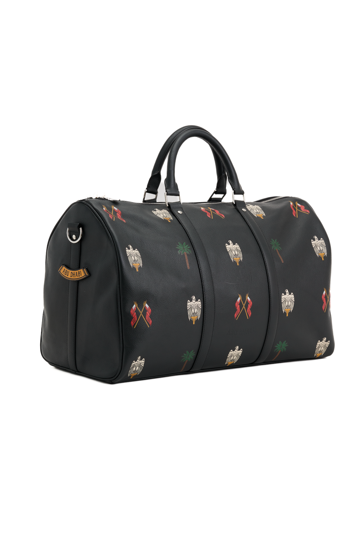 Black duffel bag with colorful patterns on a white background