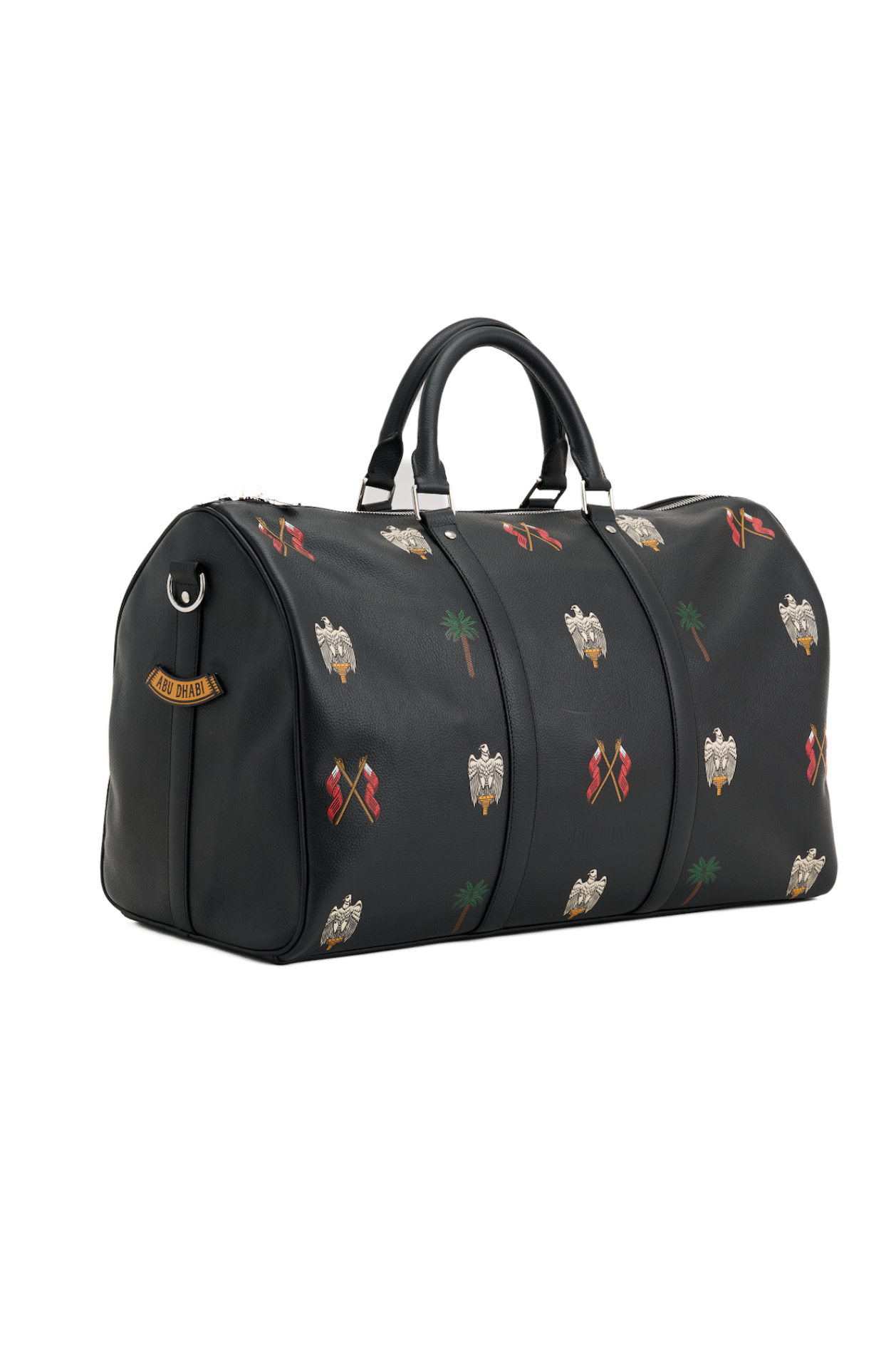 Black duffel bag with colorful patterns on a white background