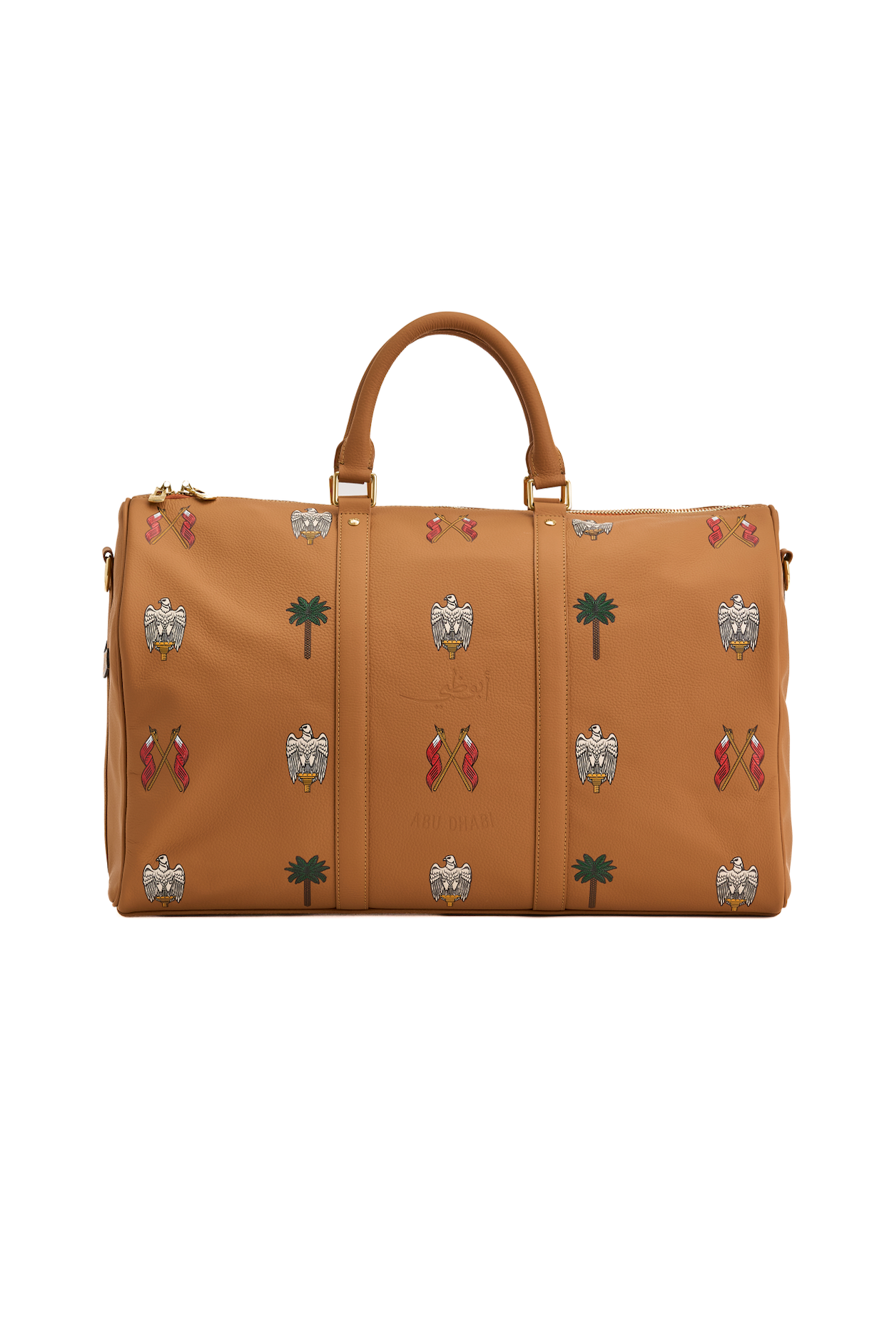Tan travel bag with decorative patterns on a white background