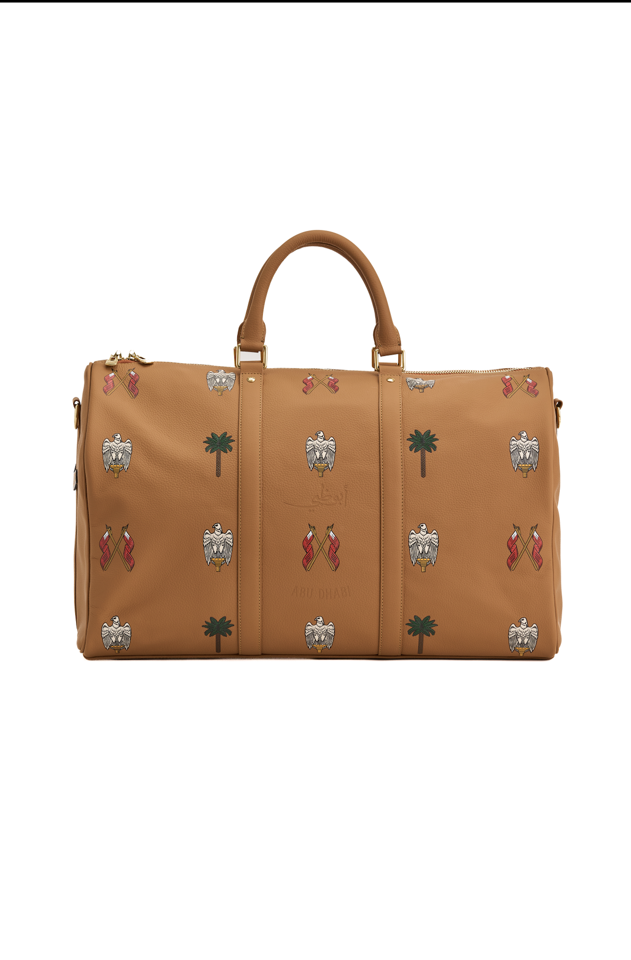 Tan travel bag with decorative patterns on a white background