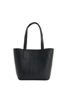 Black leather tote bag with embossed logo on a white background