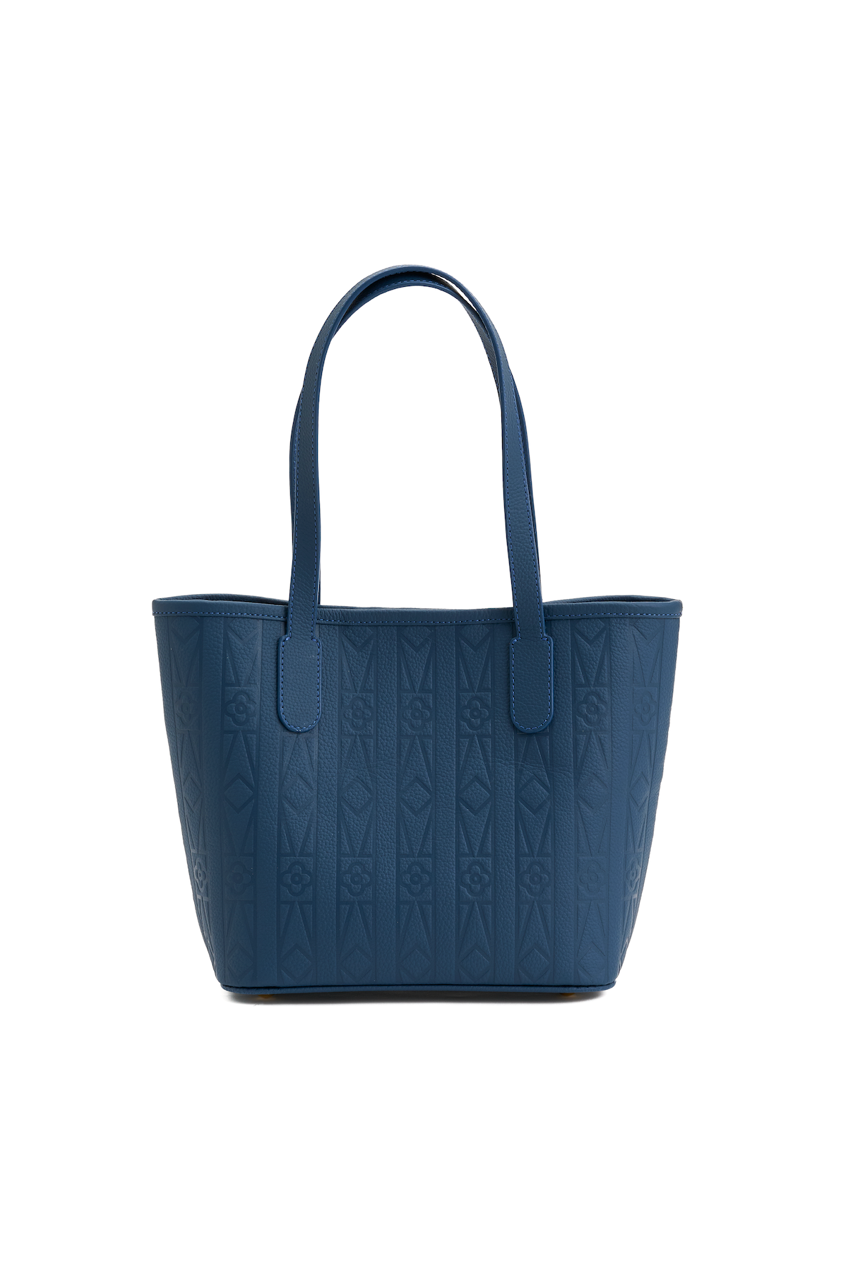 Blue tote bag with textured pattern on a white background