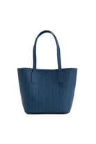 Blue tote bag with textured pattern on a white background