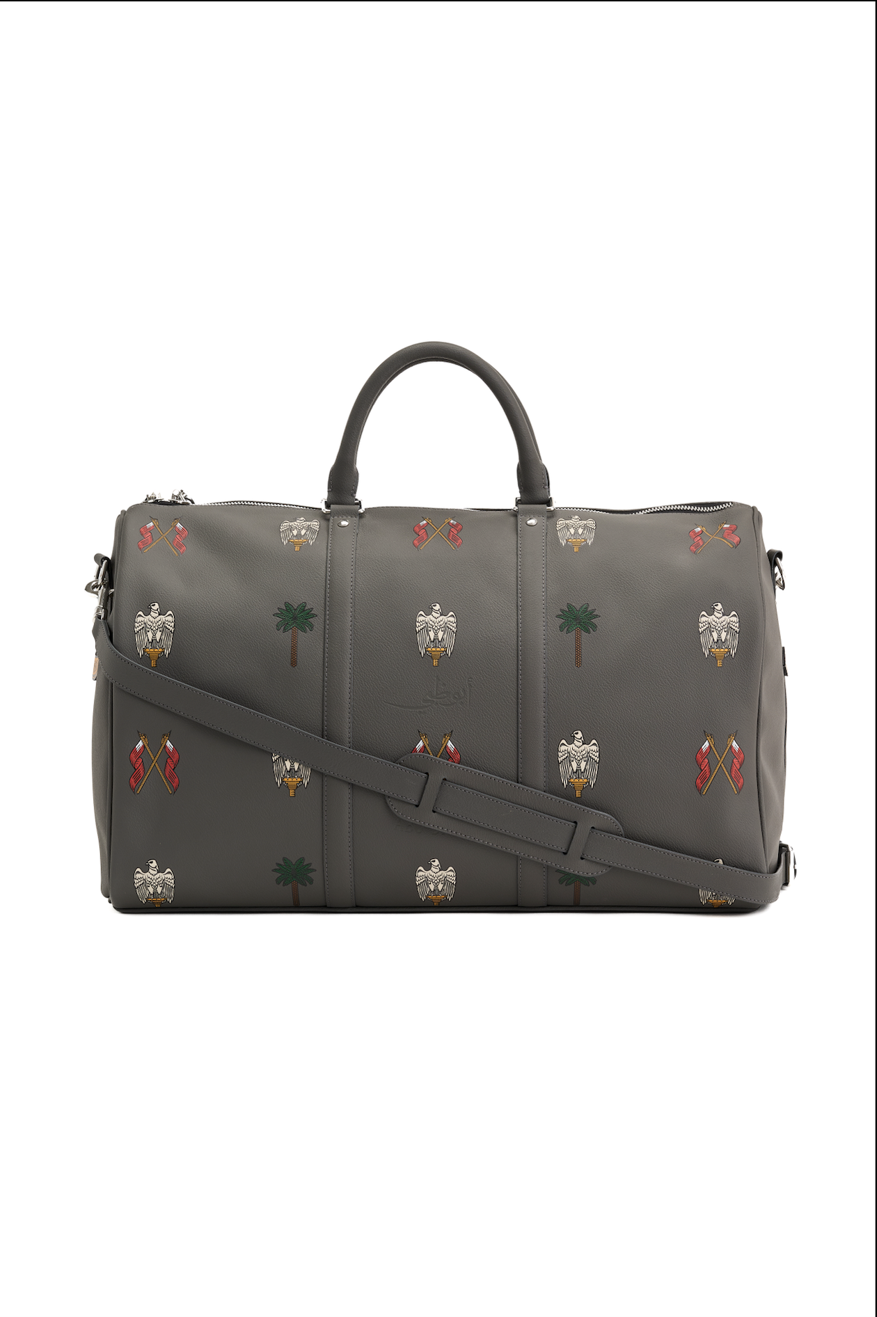 Gray duffel bag with decorative patterns on a white background