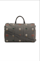 Gray duffel bag with decorative patterns on a white background