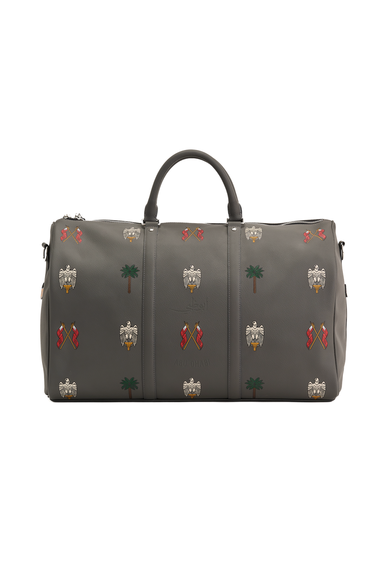Gray duffel bag with decorative patterns on a white background