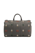 Gray duffel bag with decorative patterns on a white background