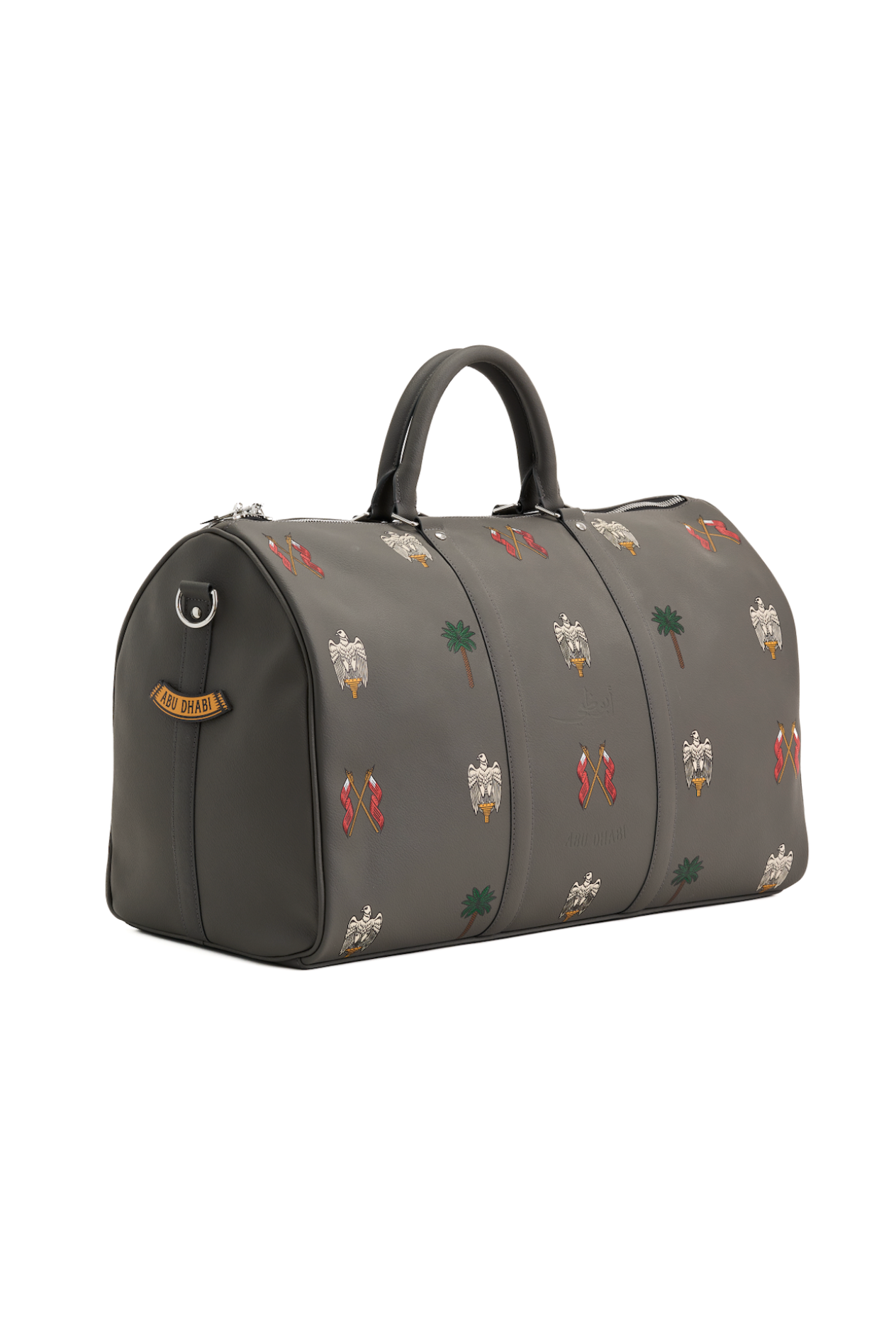 Gray duffel bag with embroidered designs on a white background