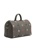 Gray duffel bag with embroidered designs on a white background