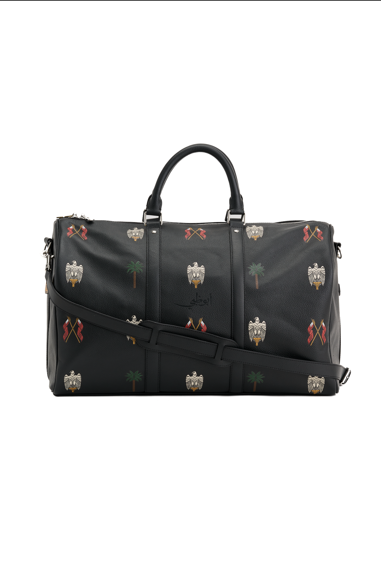 Black duffel bag with decorative patterns on a white background