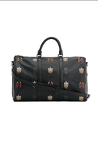 Black duffel bag with decorative patterns on a white background