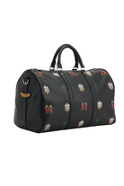 Black duffel bag with colorful patterns on a white background
