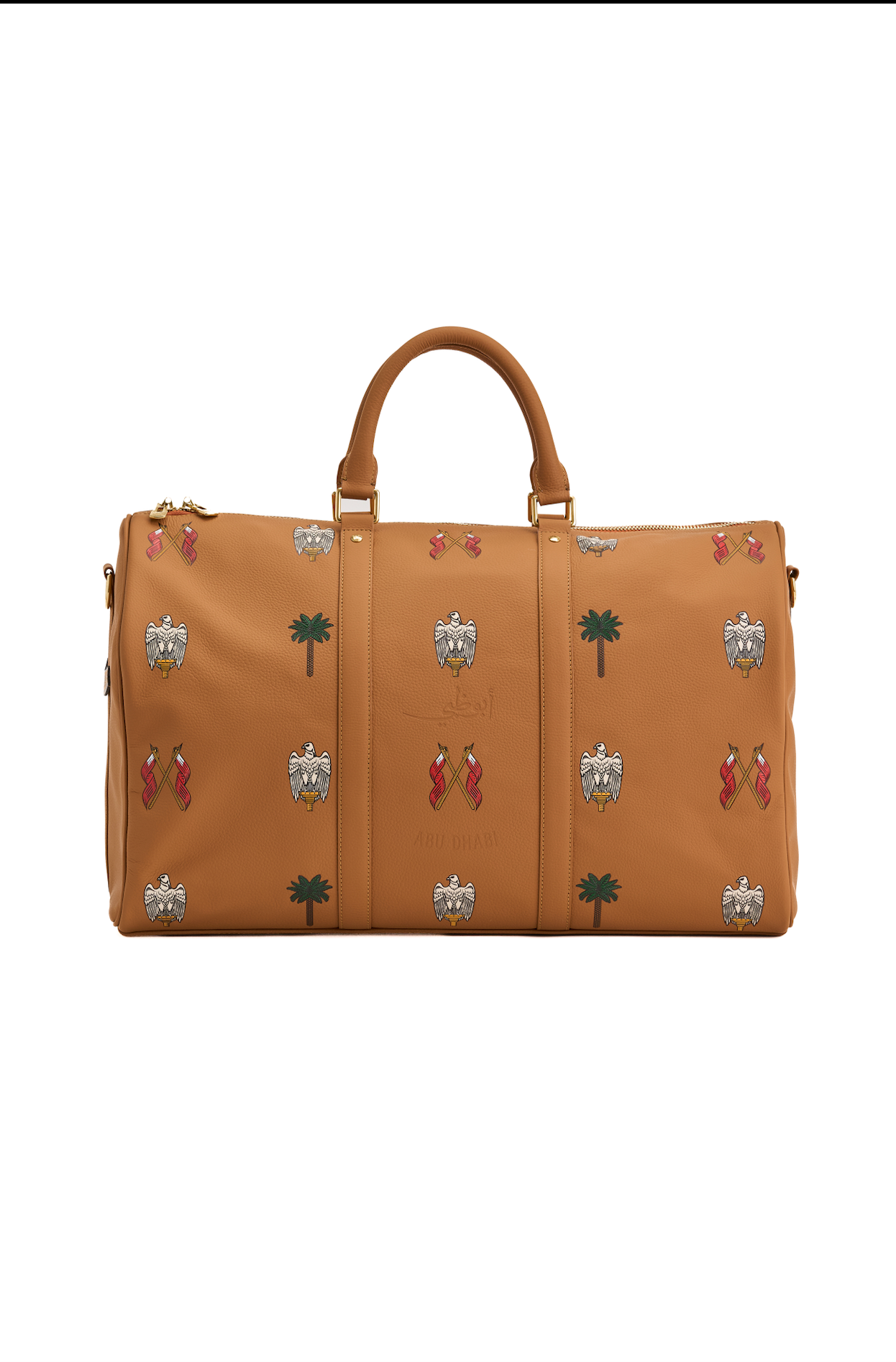 Tan travel bag with decorative patterns on a white background